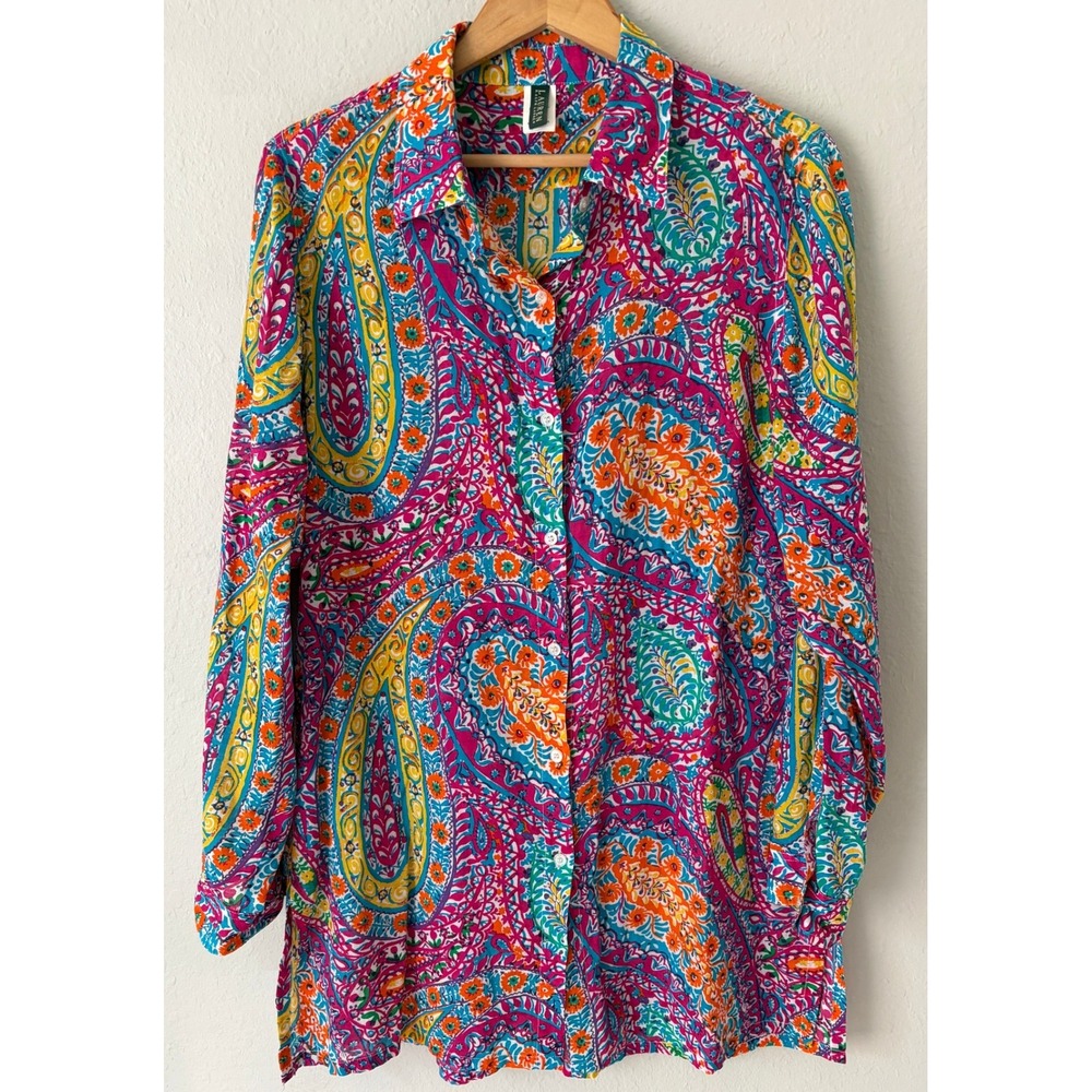 Lauren Ralph Lauren Womens Paisley Print Cotton Button Down Tunic Shirt L Tall